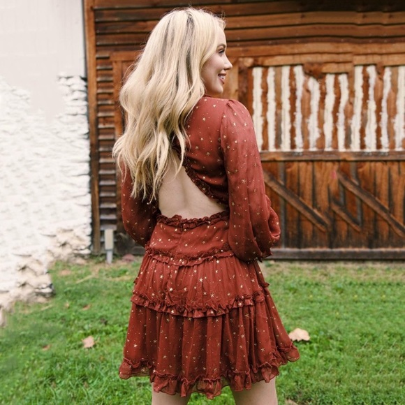 Burnt Orange Billow Sleeve Chiffon Dress boutique - Picture 3 of 10